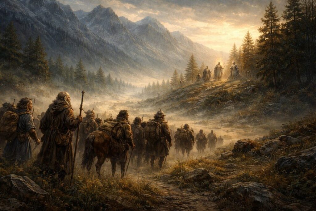 Dawn in Beleriand travelers and elves