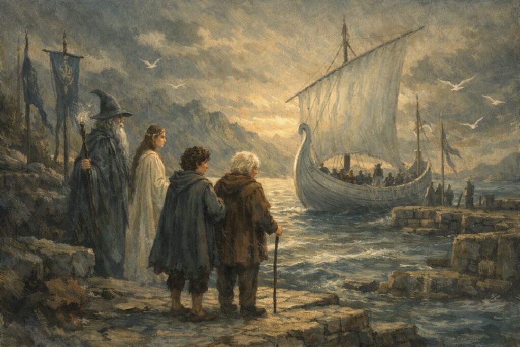 Departure from Middle-earth at dusk