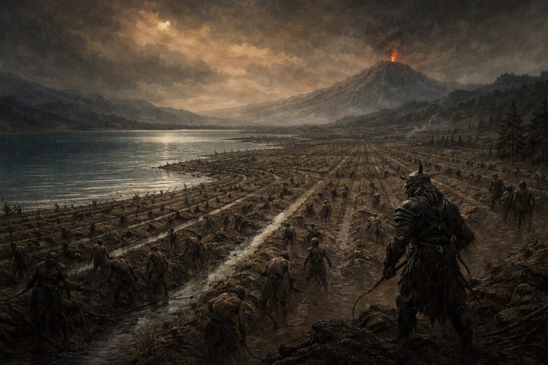 Desolate fields under smoky skies