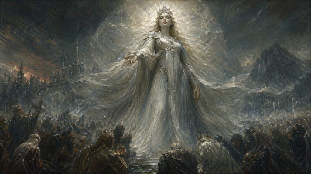 Divine queen amidst a humbled throng