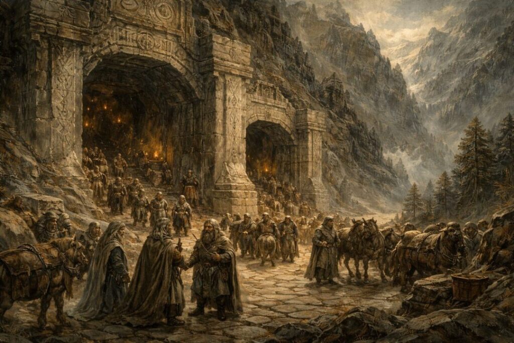 Dwarven city gates in misty mountains