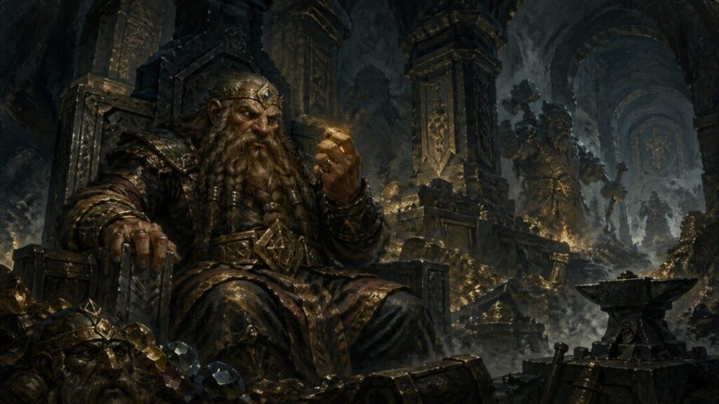 Dwarven king in treasure hall