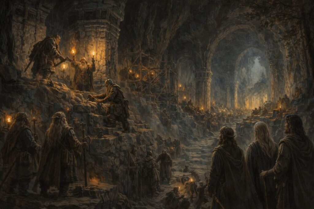 Dwarves and Elves crafting underground halls