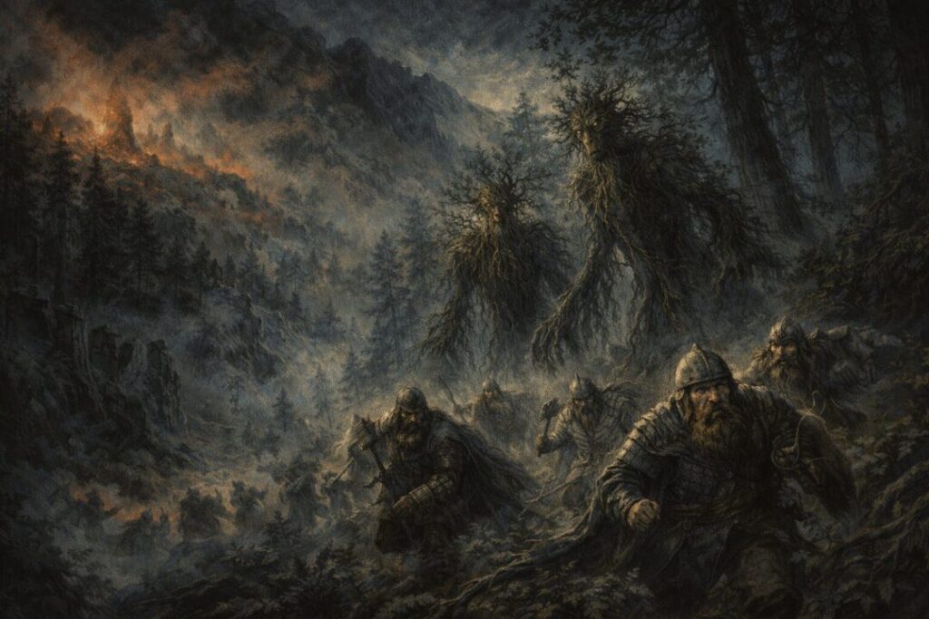 Dwarves flee from towering Ents