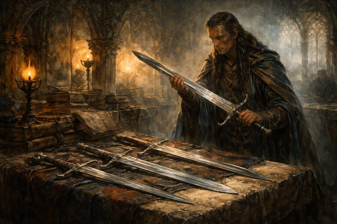Elrond inspects ancient Elvish