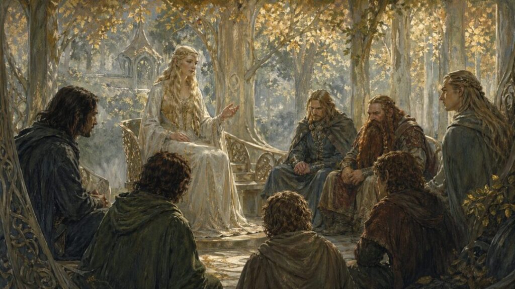 Elven council in a golden glade