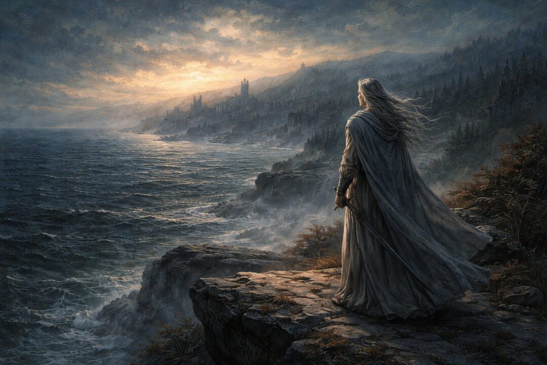 Elven figure on a misty cliff