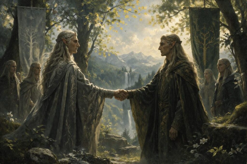 Elven leaders in ceremonial handshake