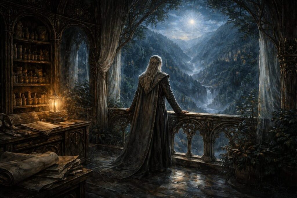 Elven lord in moonlit hall
