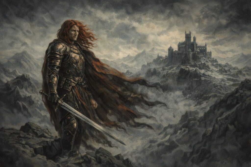 Elven lord on a misty outcrop