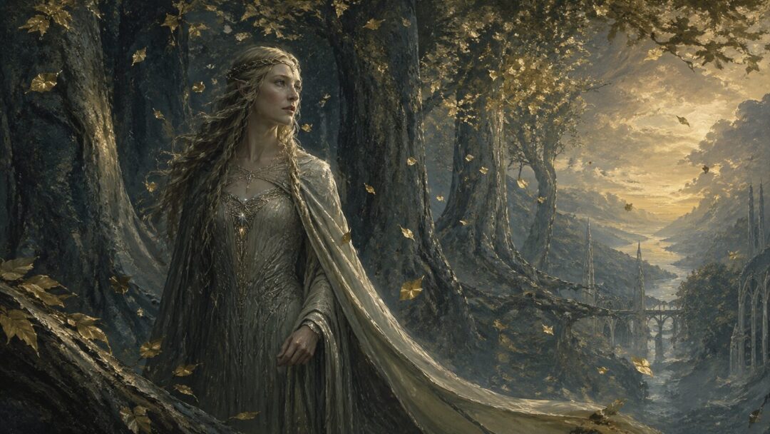 Elven queen in a misty woodland