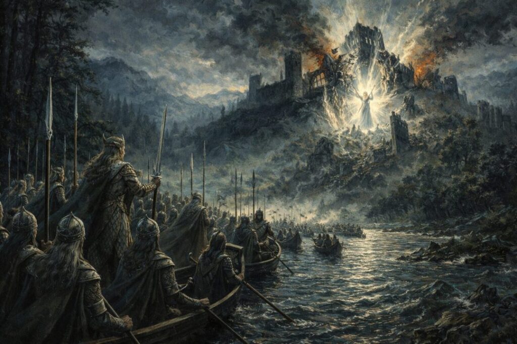 Elven warriors approach Dol Guldur's fall