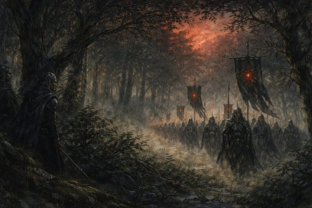 Elven warriors march through misty woods
