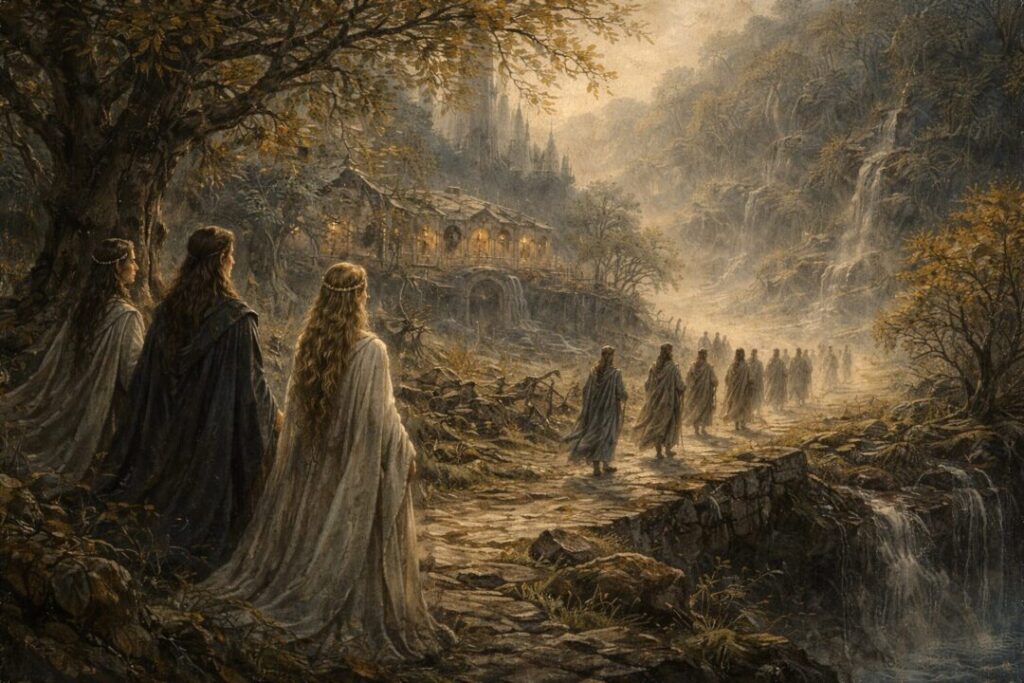 Elves departing Rivendell at twilight