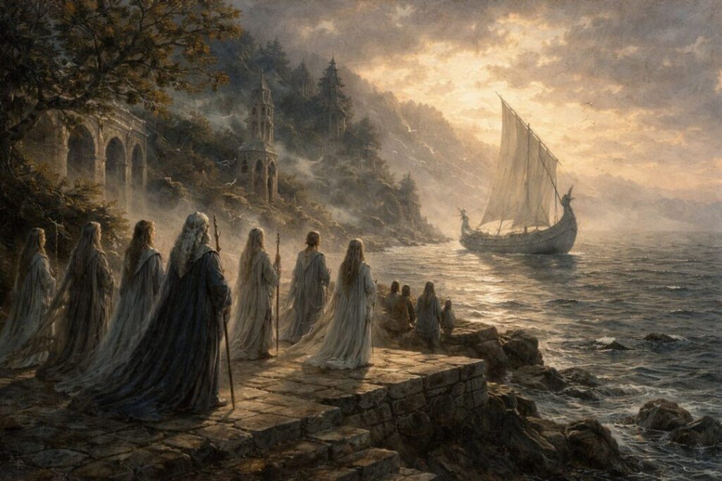 Elves farewell the ship at dusk