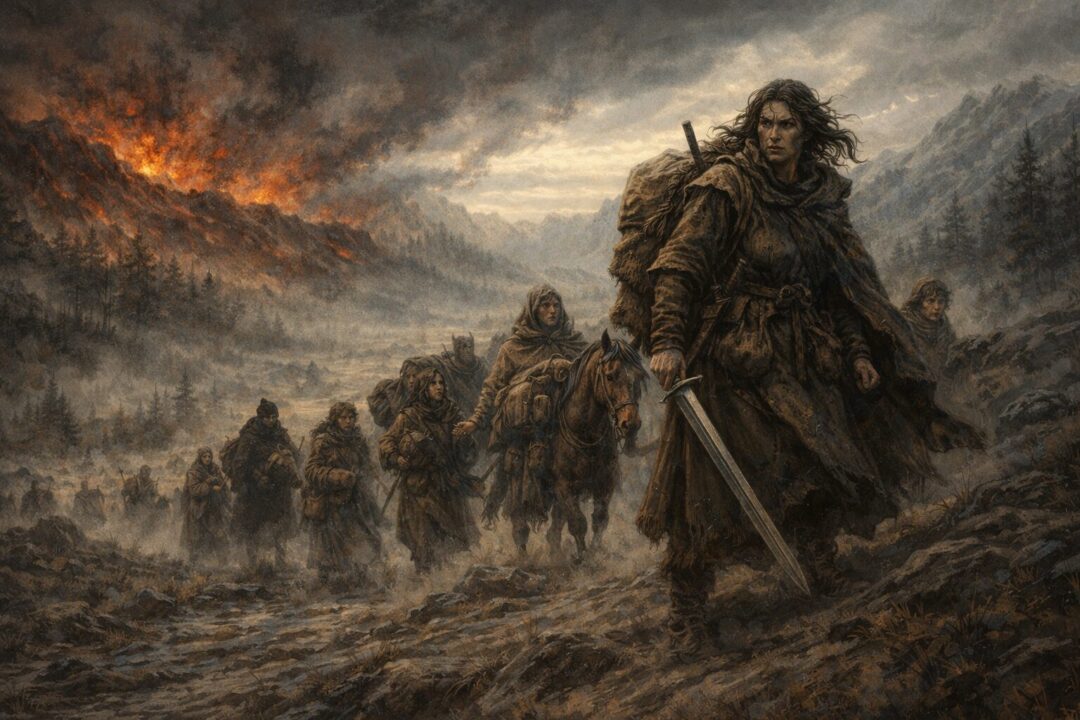Emeldir leads through the burning wilderness
