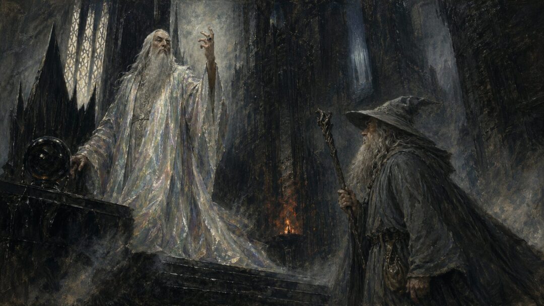 Epic wizard duel in gothic hall