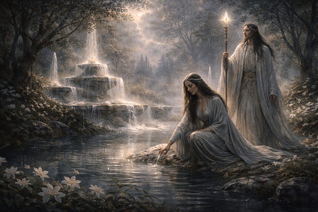 Estë and Irmo by the tranquil pool