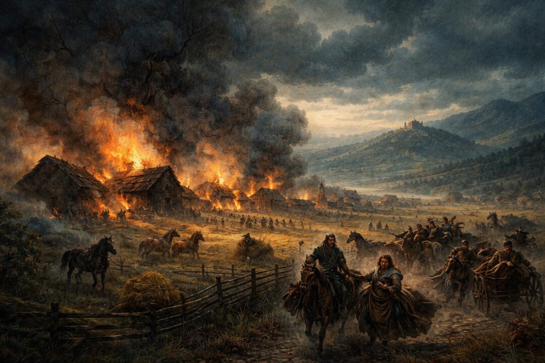 Flames engulf Westfold at twilight