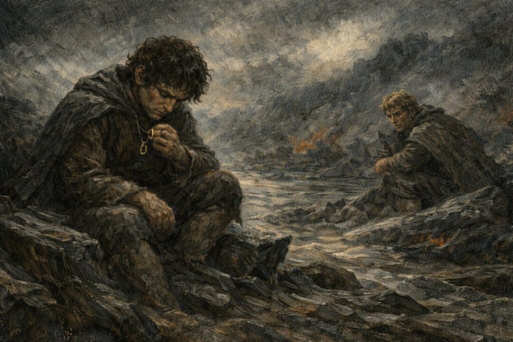 Frodo and Sam in Mordor's despair