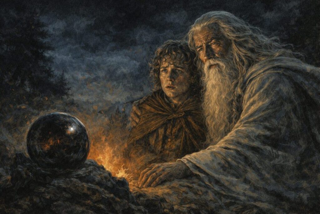 Gandalf and Pippin by the fire