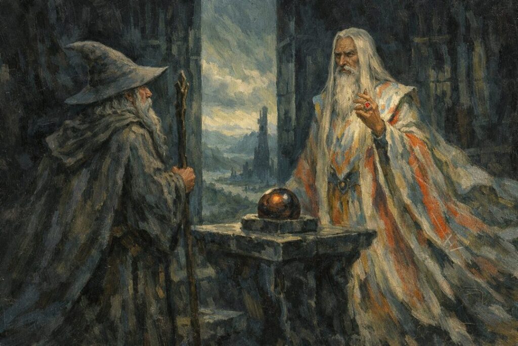 Gandalf and Saruman in Orthanc's chamber