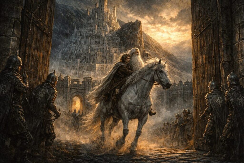 Gandalf approaches Minas Tirith at dawn