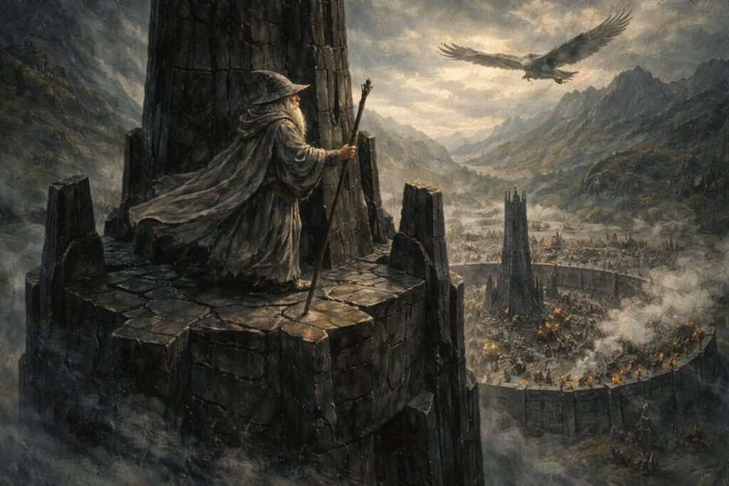 Gandalf atop Orthanc at dusk