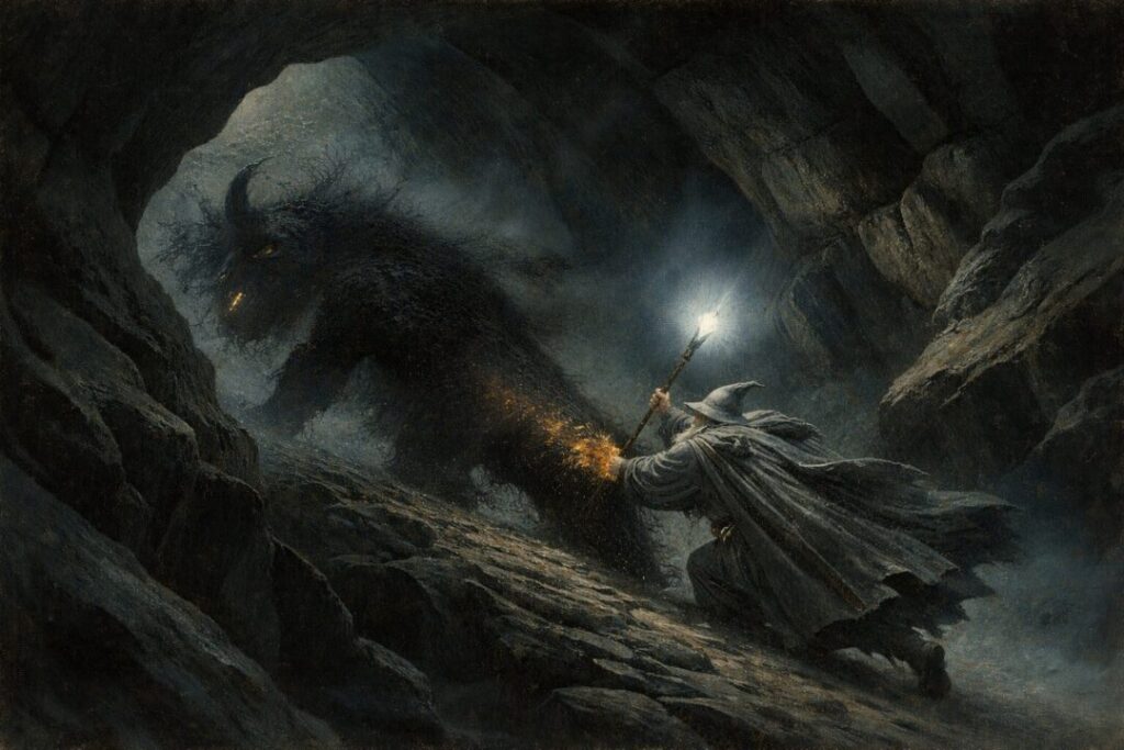Gandalf chases the Balrog through shadows