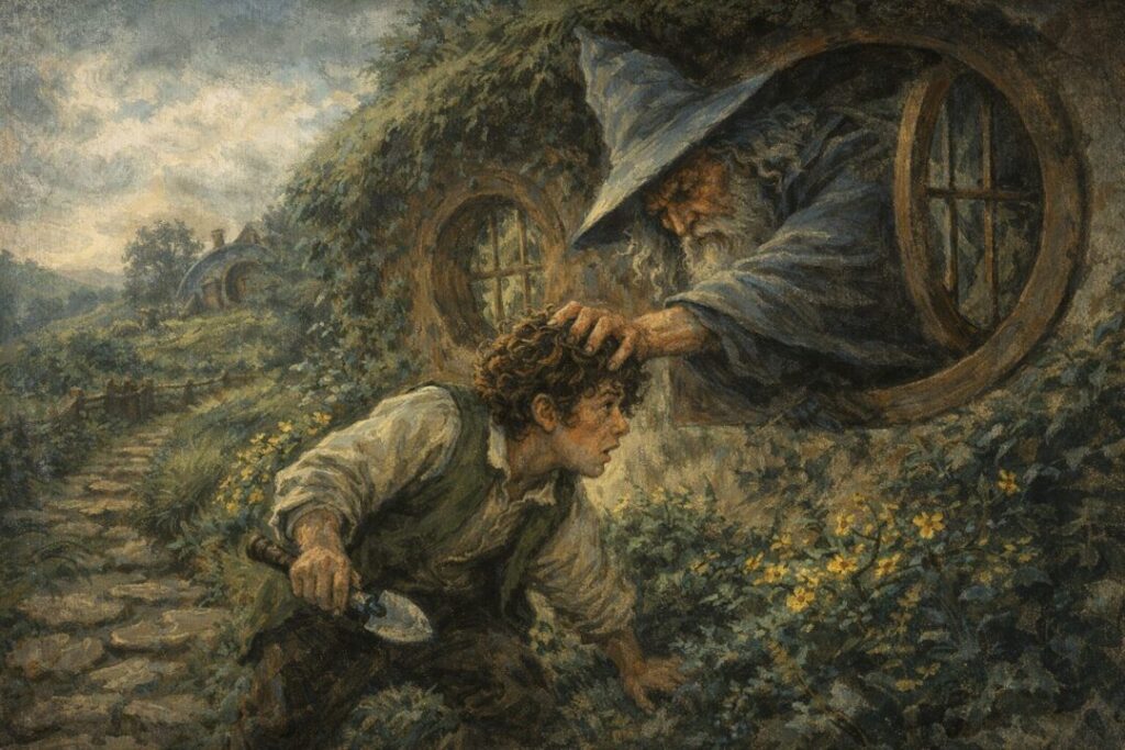 Gandalf confronts Sam by Bag End