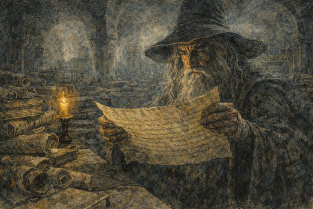 Gandalf reading Isildur's ancient scroll