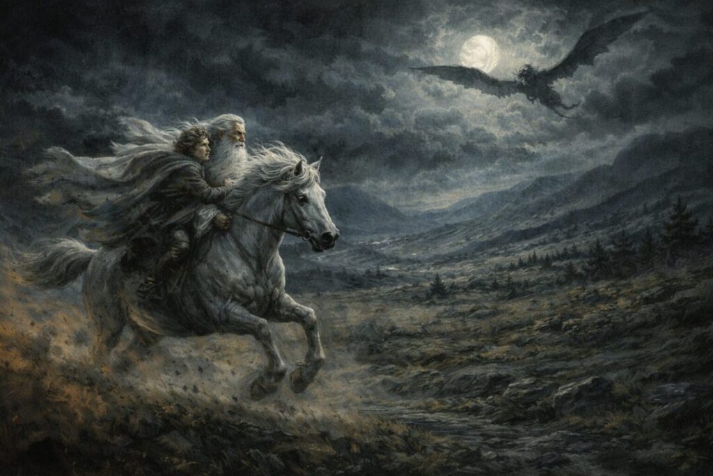 Gandalf rides through a moonlit night