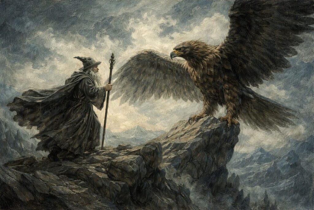 Gandalf speaks with Gwaihir the Eagle