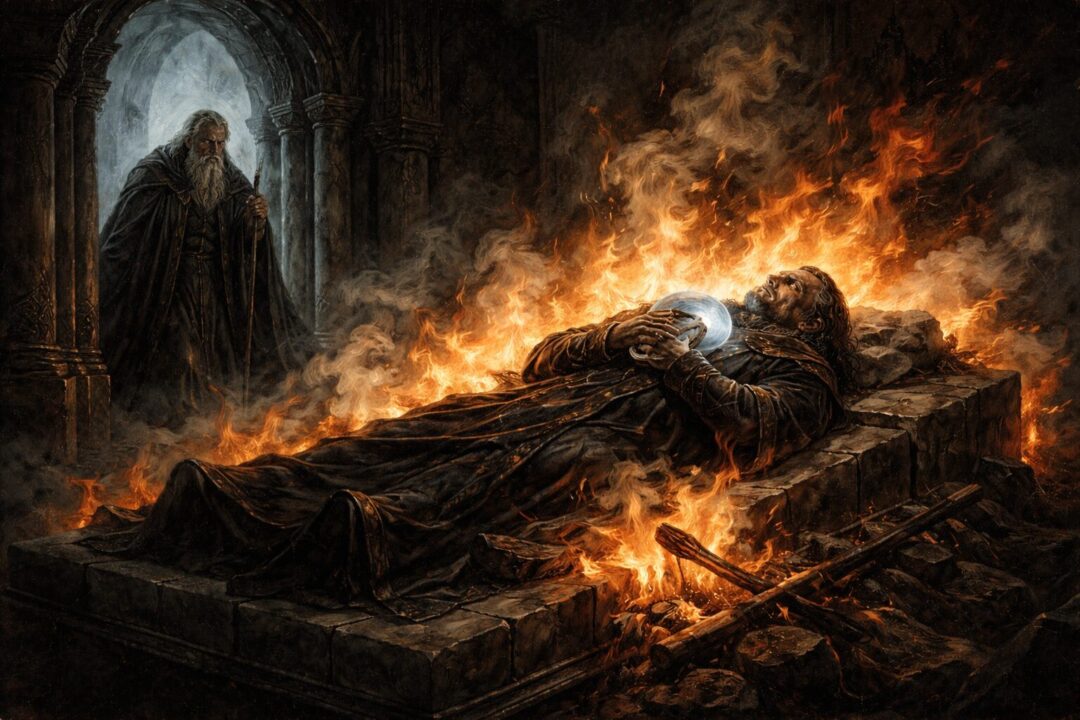 Gandalf watches Denethor's fiery end
