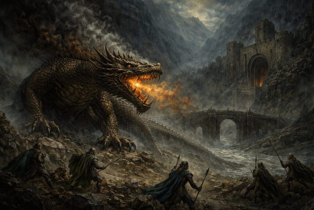 Glaurung attacks Nargothrond gates
