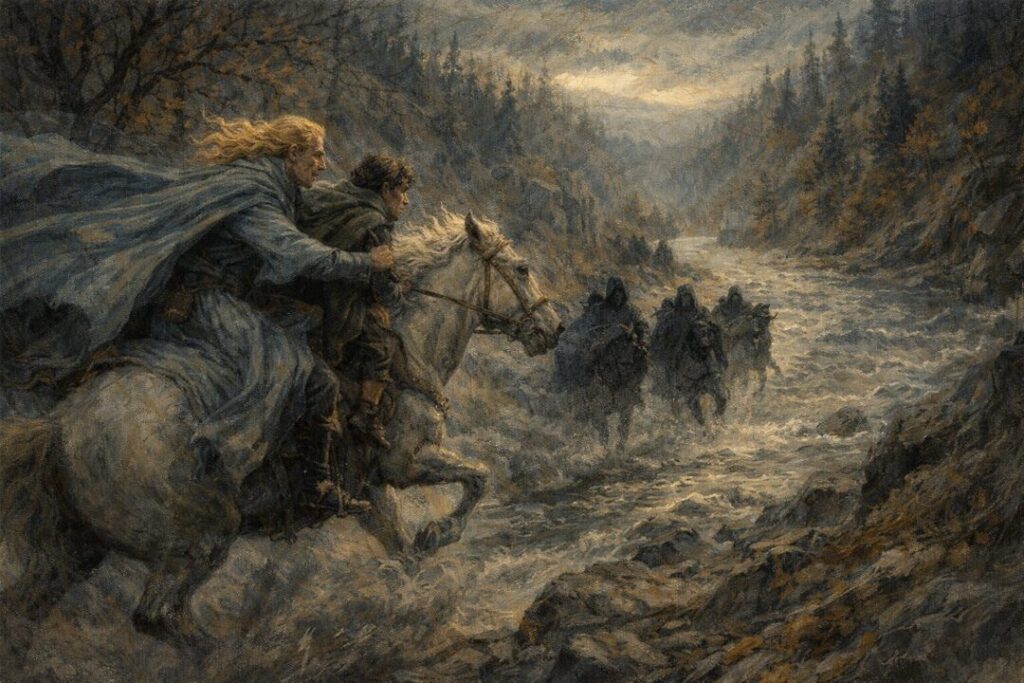 Glorfindel and Frodo race to safety