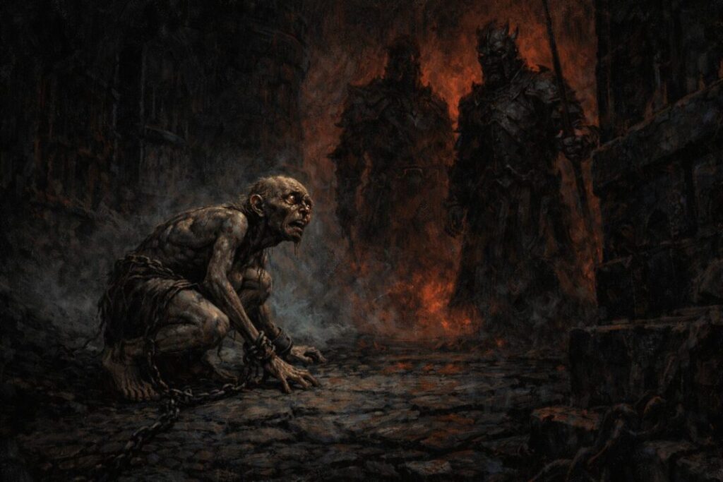 Gollum chained in Mordor's depths