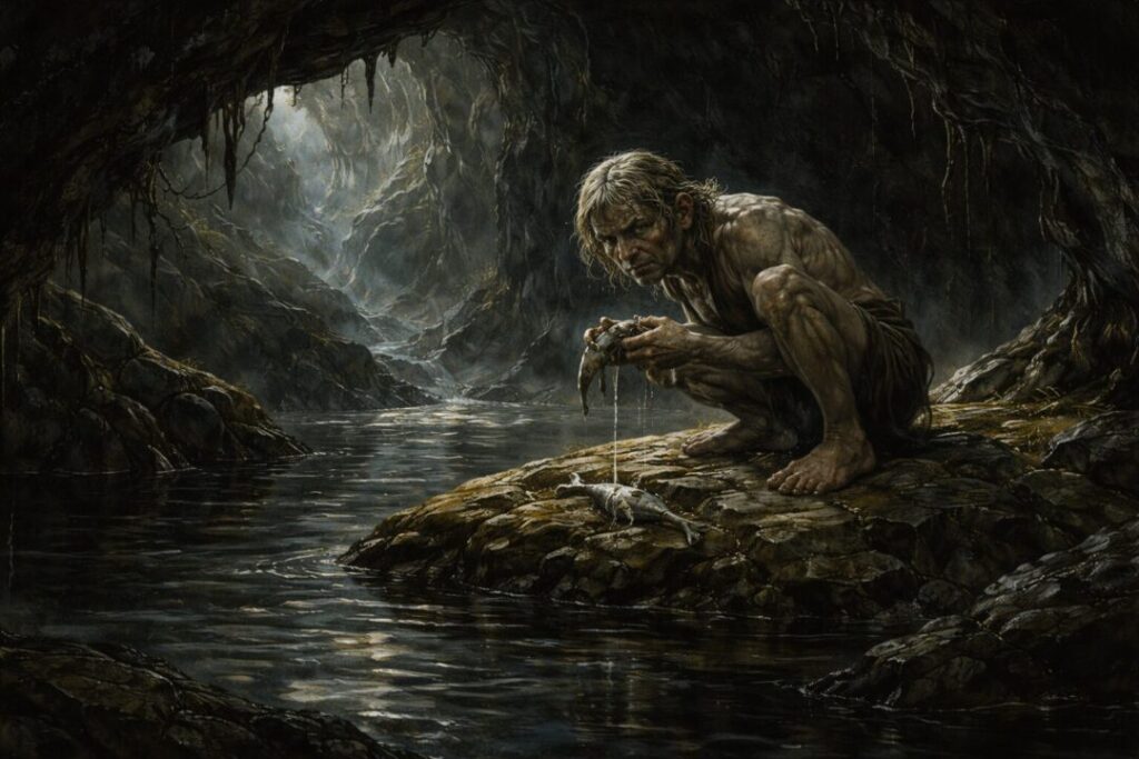 Gollum in the dark cavern