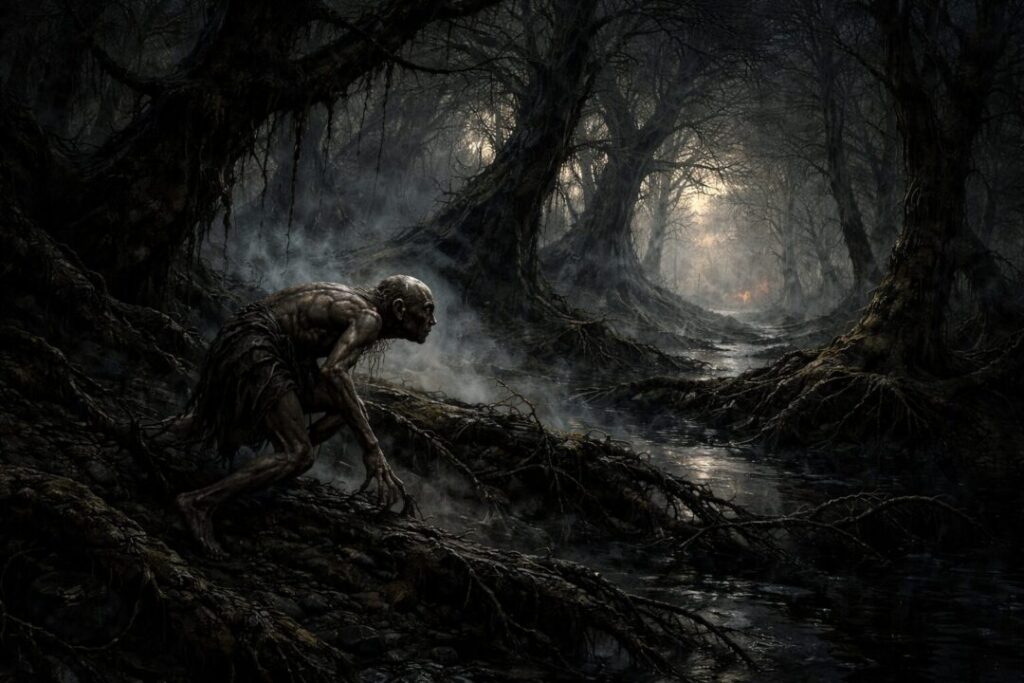 Gollum in the shadowed Mirkwood forest