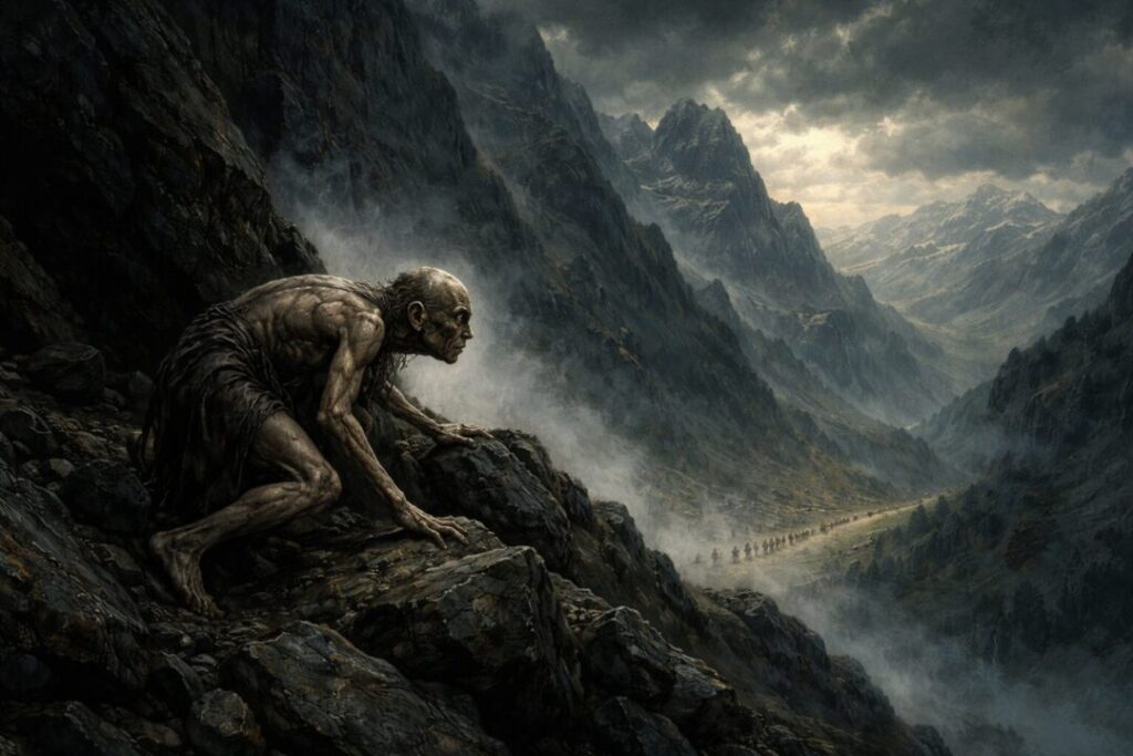 Gollum stalks through the misty mountains