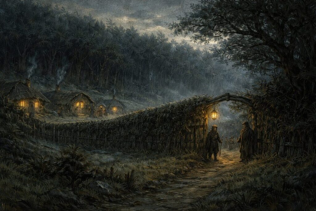 Guarded gate at Buckland dusk