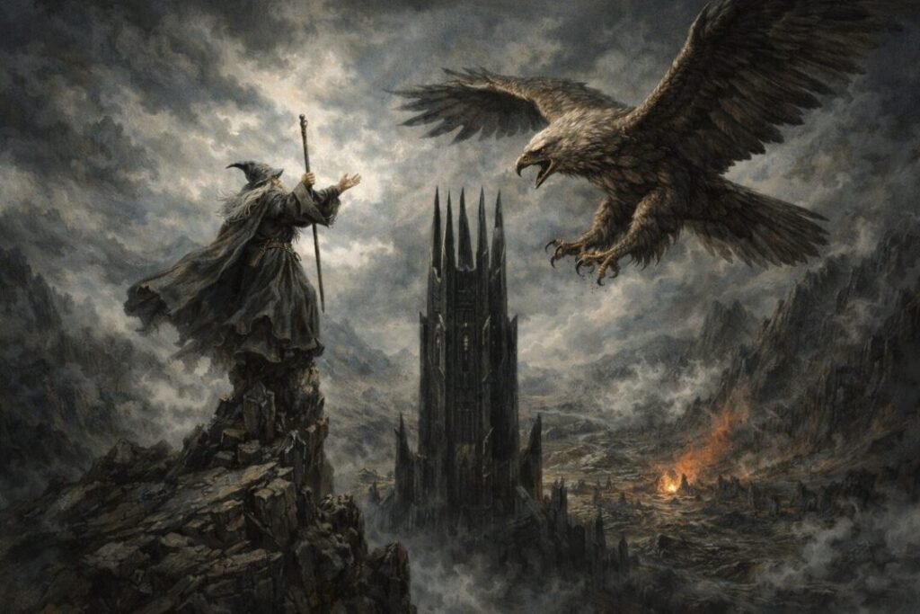 Gwaihir rescues Gandalf from Orthanc