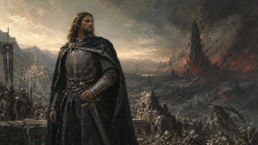 Heroic king overlooking a shattered realm