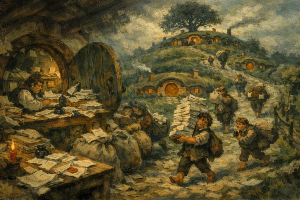 Hobbits carrying mail toward Bag End