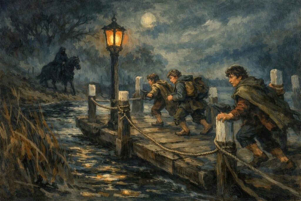 Hobbits fleeing from the Black Rider