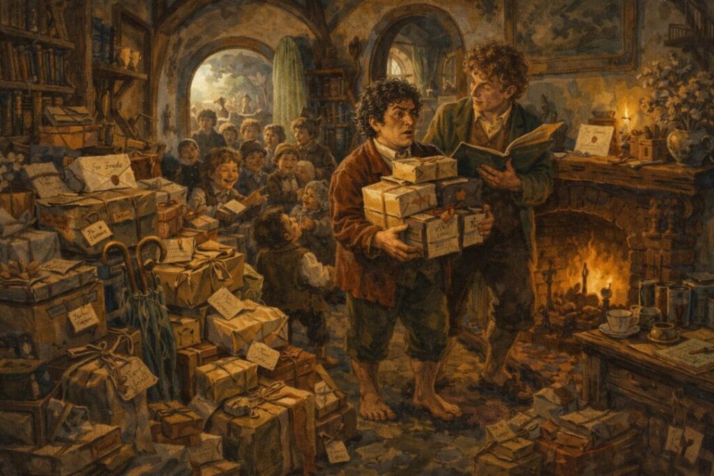 Hobbits gather at Bag End's hallway