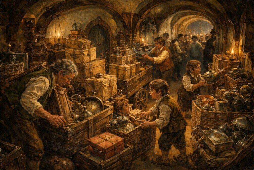 Hobbits sorting gifts at Bag End