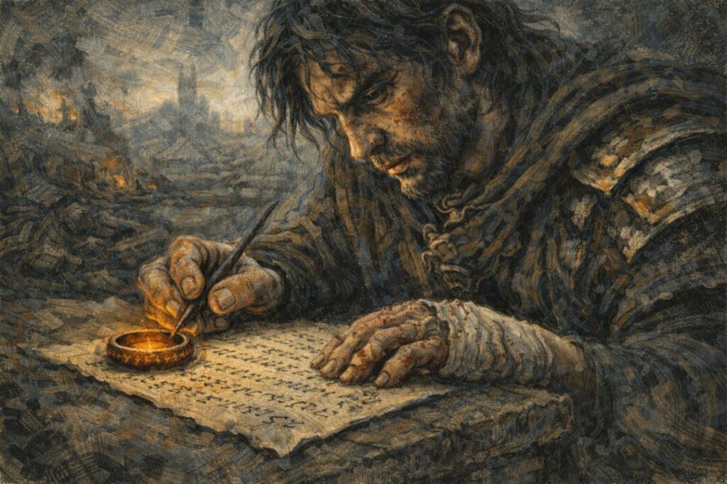 Isildur studies the fading inscription