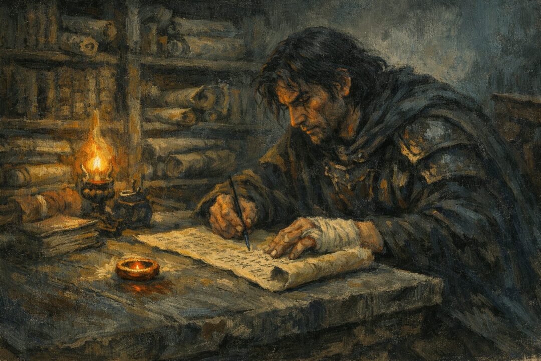 Isildur writes in the dim chamber