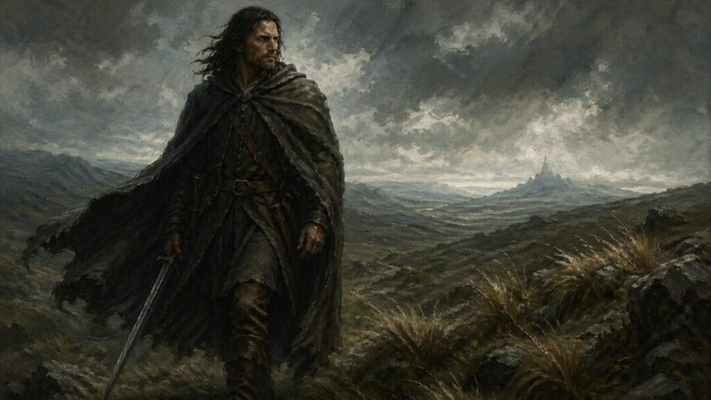 Lone wanderer in a stormy moor